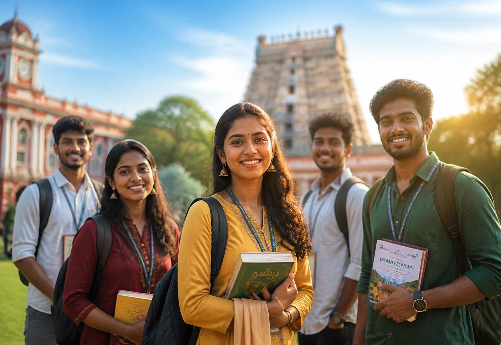 Tamil Nadu college students on campus with a temple gopuram in the background