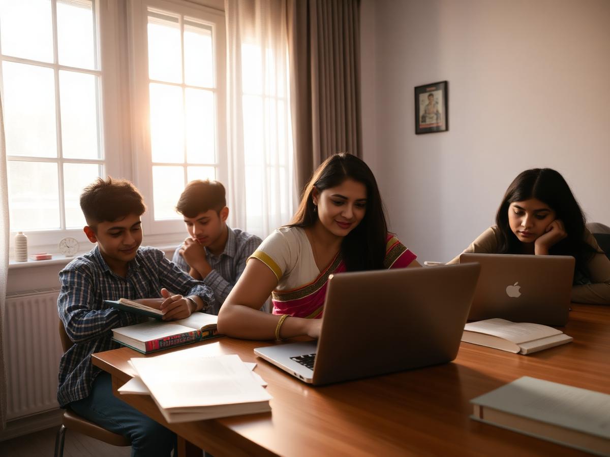 Students studying at home with laptops and books